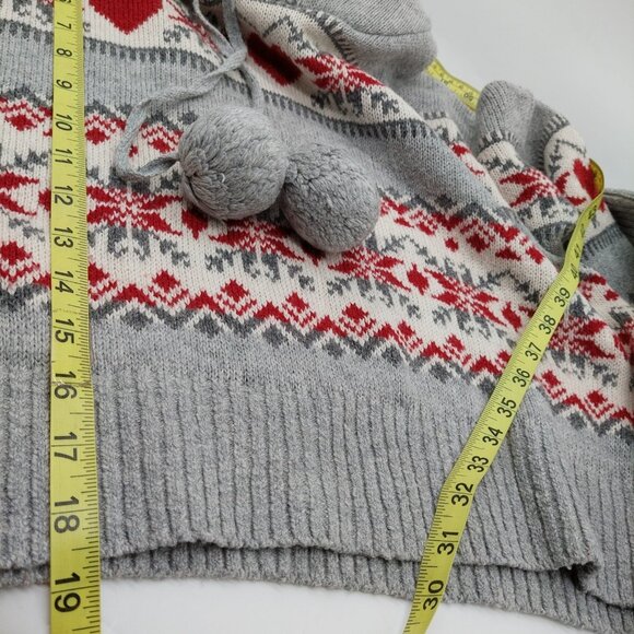 Ruby Moon Hooded Sweater Size Medium Gray White Red Hearts Pom Poms Crop - Picture 5 of 8